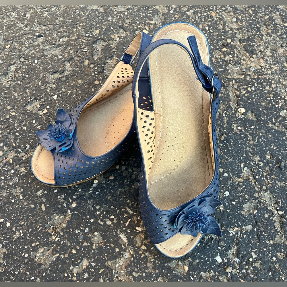 Elegant Navy Blue Women's Peep Toe Cork Wedge Sandals